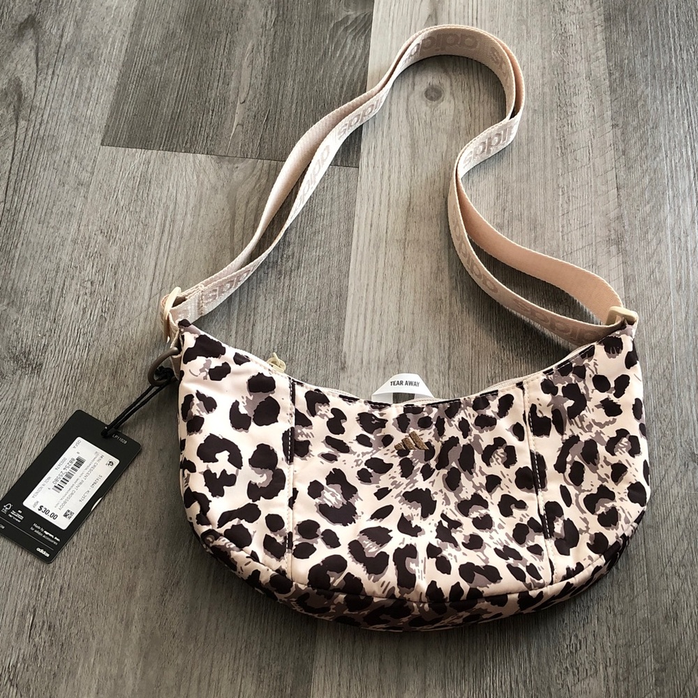 adidas Originals Mini Crescent Crossbody Bag Leopard Crystal Linen Dk Brown NWT